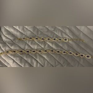 Elegant Gold Plated and Blue Sparkly Women's Choker, Bracelet, and Earrings